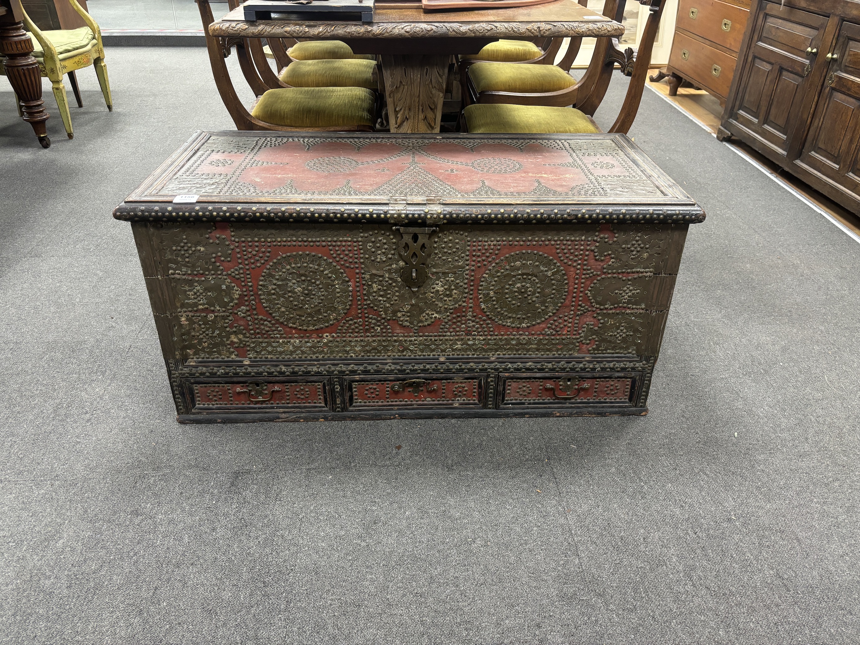A Zanzibar brass studded chest, width 109cm, depth 51cm, height 52cm